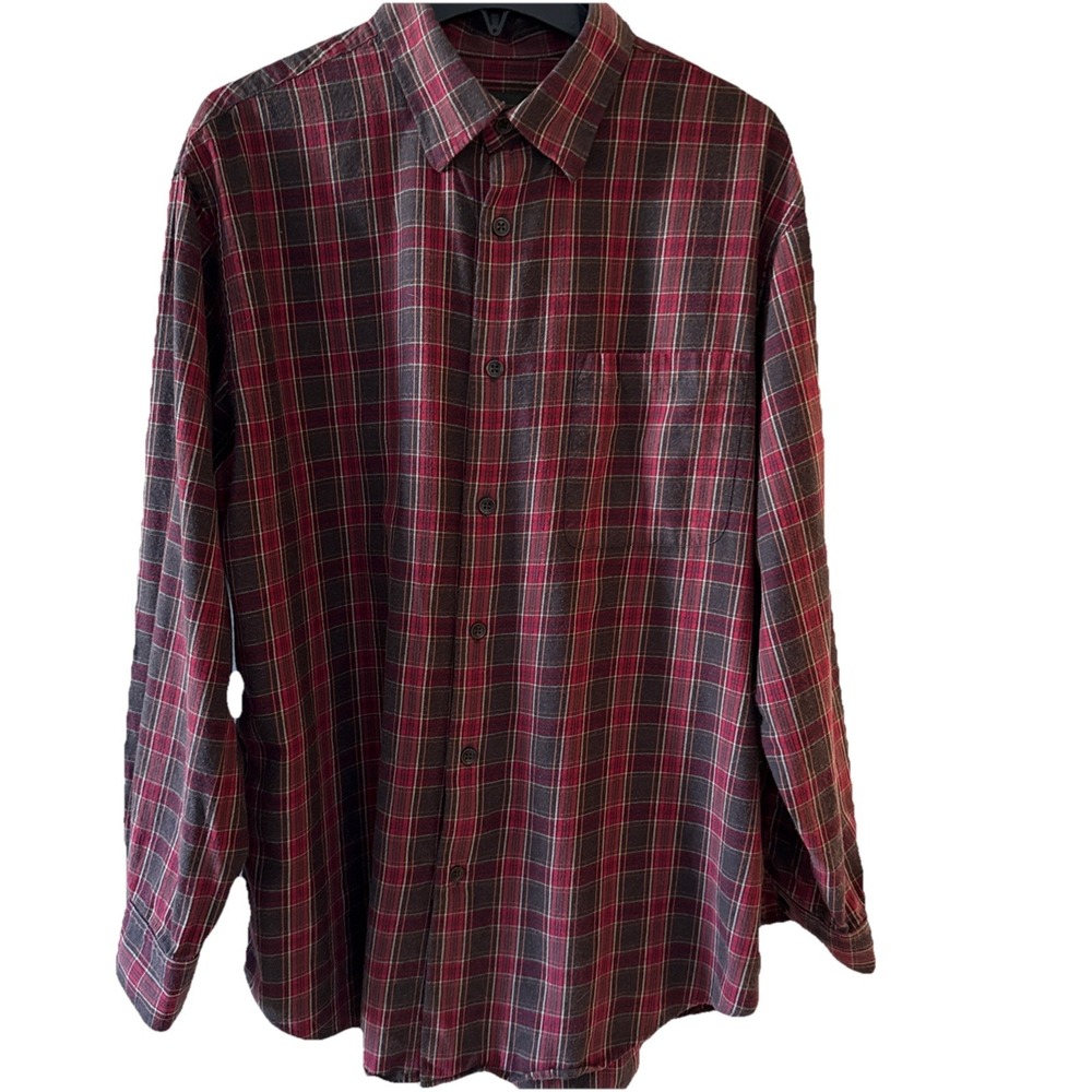 Orvis Flannel Shirt Men's Large Red Black Plaid Button Up Cotton Merino Wool EUC